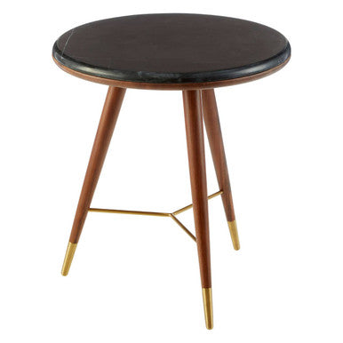 Marble Round End Table with Walnut Wood Frame in Natural Finish | Kenso