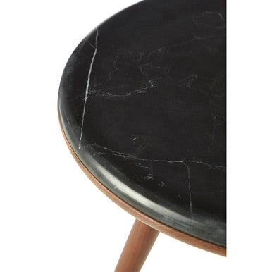 Marble Round End Table with Walnut Wood Frame in Natural Finish | Kenso
