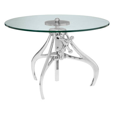 Clear Glass Top Accent Table with Silver Height Adjustable Crank Mechanism Metal Frame | Maxi