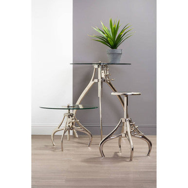 Clear Glass Top Accent Table with Silver Height Adjustable Crank Mechanism Metal Frame | Maxi