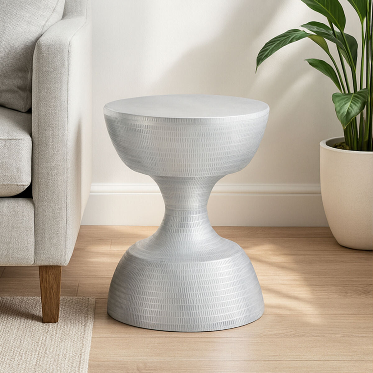Silver Small Hourglass Aluminium Side Table with Engraved Detail | Matin