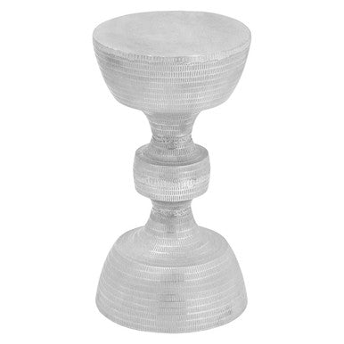 Silver Large Hourglass Aluminium Side Table with Engraved Detail, Matin