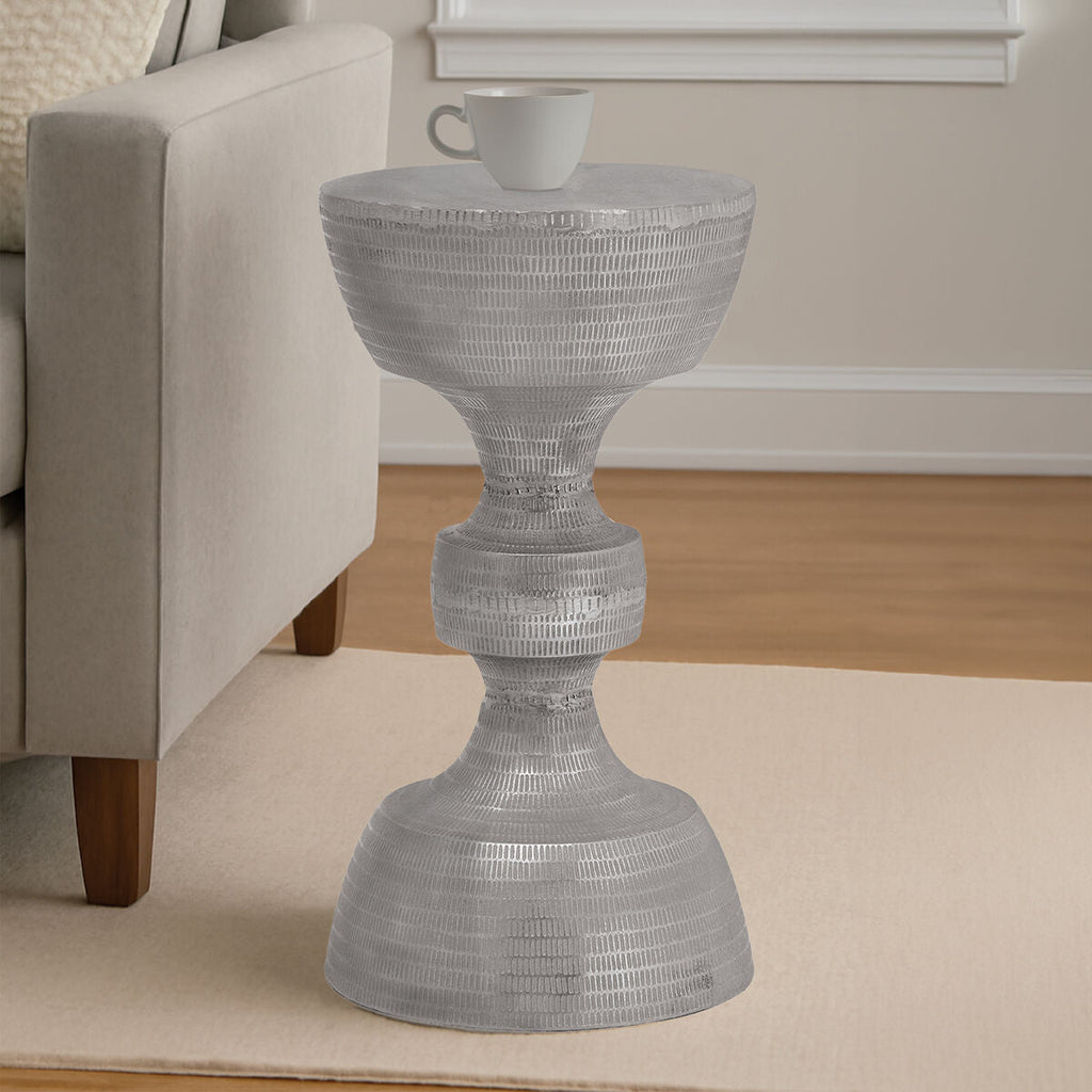 Silver Large Hourglass Aluminium Side Table with Engraved Detail, Matin