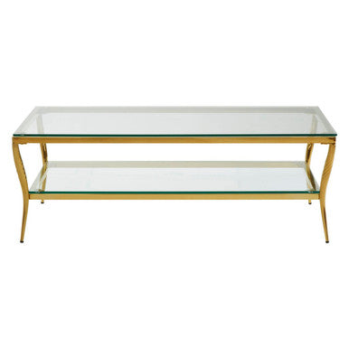 Two-Tier Coffee Table with Clear Tempered Glass Top and Gold Finish Stainless Steel Frame, Arezzo