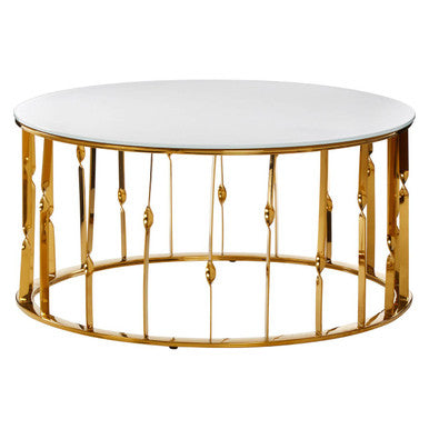 White Tempered Glass Top Round Coffee Table with Gold Finish Stainless Steel Frame | Arezzo