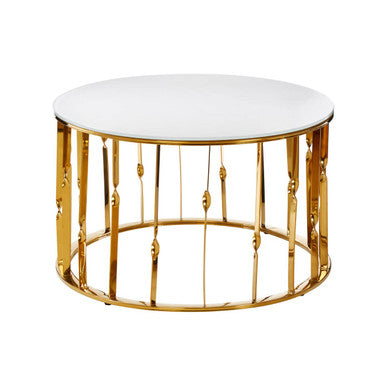 White Tempered Glass Top Round Coffee Table with Gold Finish Stainless Steel Frame | Arezzo