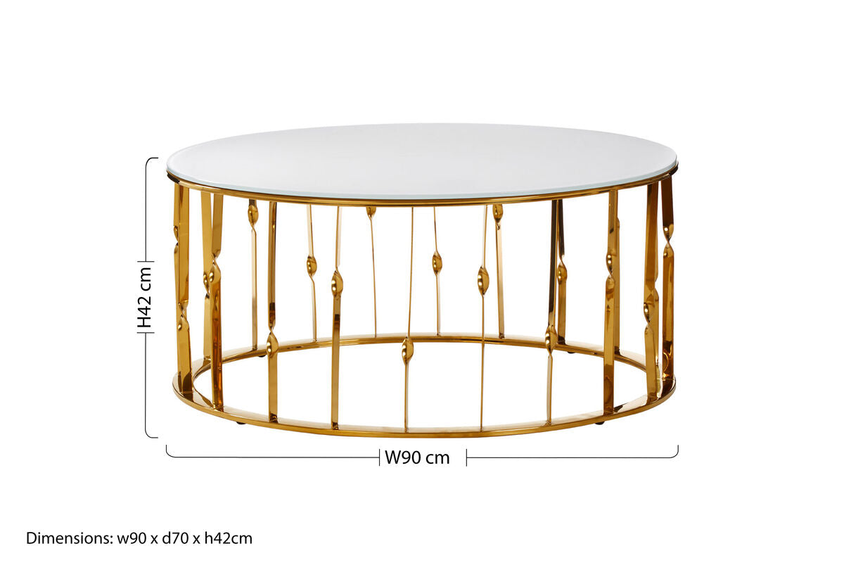 White Tempered Glass Top Round Coffee Table with Gold Finish Stainless Steel Frame | Arezzo