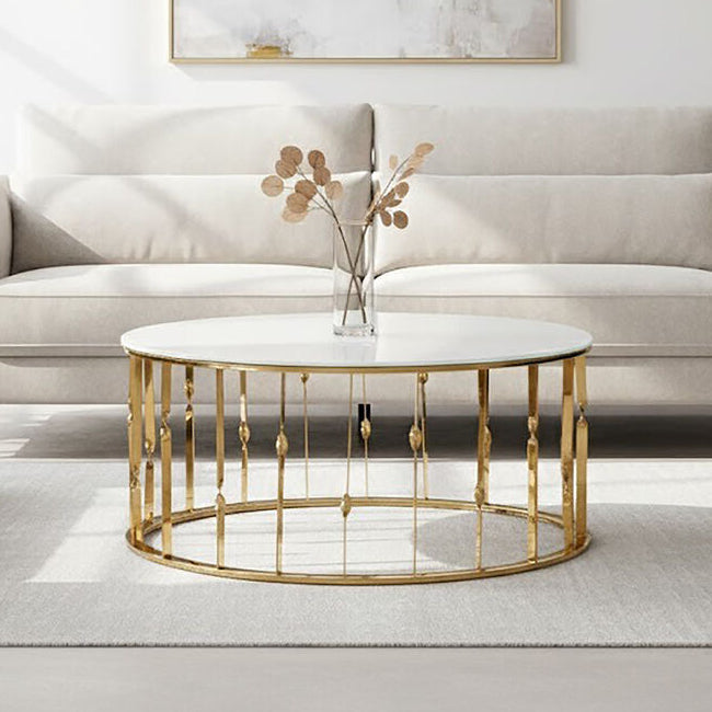White Tempered Glass Top Round Coffee Table with Gold Finish Stainless Steel Frame | Arezzo