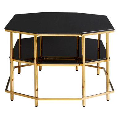 Black Tempered Glass Two-Tier Coffee Table with Warm Gold Stainless Steel Hexagonal Frame, Arezzo