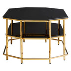 Black Tempered Glass Two-Tier Coffee Table with Warm Gold Stainless Steel Hexagonal Frame, Arezzo