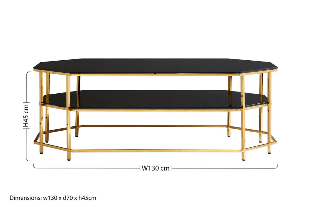 Black Tempered Glass Two-Tier Coffee Table with Warm Gold Stainless Steel Hexagonal Frame, Arezzo