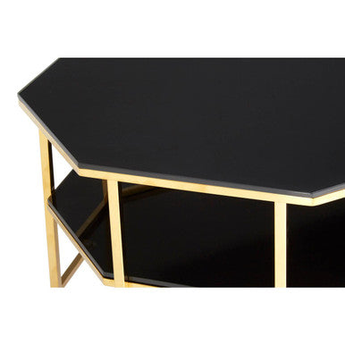 Black Tempered Glass Two-Tier Coffee Table with Warm Gold Stainless Steel Hexagonal Frame, Arezzo