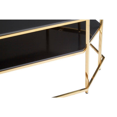 Black Tempered Glass Two-Tier Coffee Table with Warm Gold Stainless Steel Hexagonal Frame, Arezzo