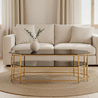 Black Tempered Glass Two-Tier Coffee Table with Warm Gold Stainless Steel Hexagonal Frame, Arezzo
