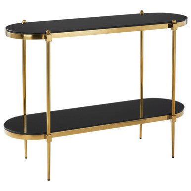 Gold Stainless Steel Frame 2-Tier Console Table with Double Black Tempered Glass Tiers | Arezzo