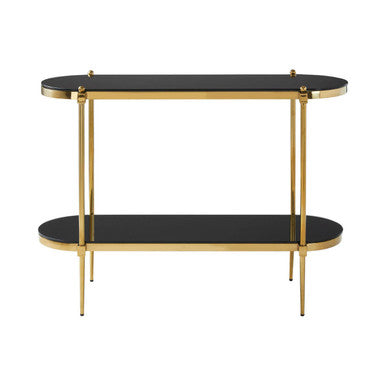 Gold Stainless Steel Frame 2-Tier Console Table with Double Black Tempered Glass Tiers | Arezzo