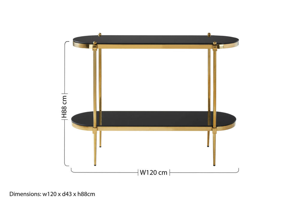 Gold Stainless Steel Frame 2-Tier Console Table with Double Black Tempered Glass Tiers | Arezzo