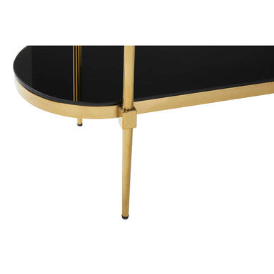 Gold Stainless Steel Frame 2-Tier Console Table with Double Black Tempered Glass Tiers | Arezzo