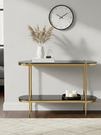 Gold Stainless Steel Frame 2-Tier Console Table with Double Black Tempered Glass Tiers | Arezzo