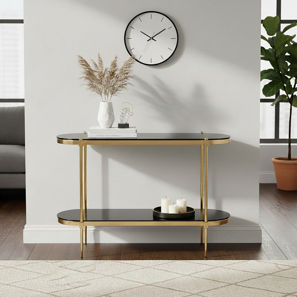Gold Stainless Steel Frame 2-Tier Console Table with Double Black Tempered Glass Tiers | Arezzo