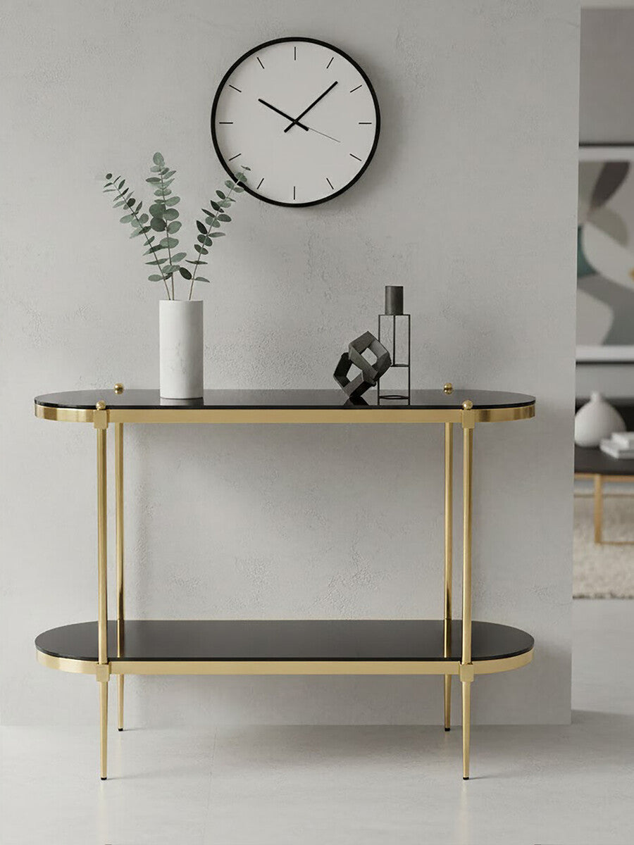 Gold Stainless Steel Frame 2-Tier Console Table with Double Black Tempered Glass Tiers | Arezzo