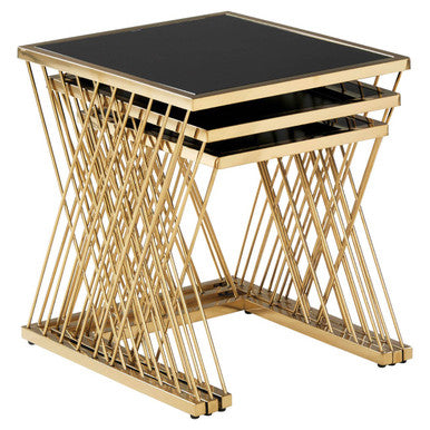 Set of 3 Gold Finish Stainless Steel Frame Nesting Tables with Black Glass Tops | Arezzo