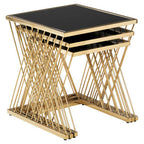 Set of 3 Gold Finish Stainless Steel Frame Nesting Tables with Black Glass Tops | Arezzo