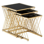 Set of 3 Gold Finish Stainless Steel Frame Nesting Tables with Black Glass Tops | Arezzo