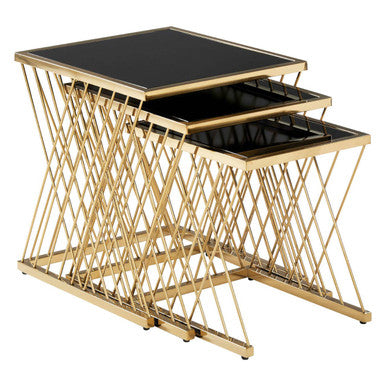 Set of 3 Gold Finish Stainless Steel Frame Nesting Tables with Black Glass Tops | Arezzo