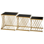 Set of 3 Gold Finish Stainless Steel Frame Nesting Tables with Black Glass Tops | Arezzo