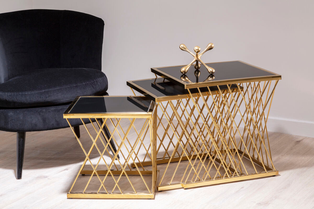 Set of 3 Gold Finish Stainless Steel Frame Nesting Tables with Black Glass Tops | Arezzo
