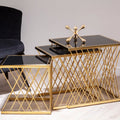 Set of 3 Gold Finish Stainless Steel Frame Nesting Tables with Black Glass Tops | Arezzo