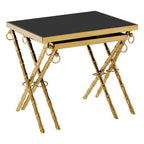 Set of 2 Gold Finish Stainless Steel Frame Nesting Tables with Black Glass Tops | Arezzo