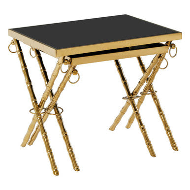 Set of 2 Gold Finish Stainless Steel Frame Nesting Tables with Black Glass Tops | Arezzo