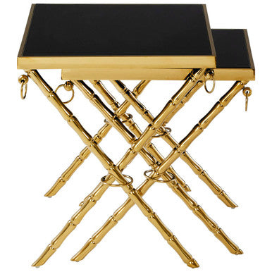 Set of 2 Gold Finish Stainless Steel Frame Nesting Tables with Black Glass Tops | Arezzo