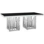 Rectangular Black Tempered Glass Top Dining Table with Silver Steel Frame | Eliza
