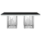 Rectangular Black Tempered Glass Top Dining Table with Silver Steel Frame | Eliza
