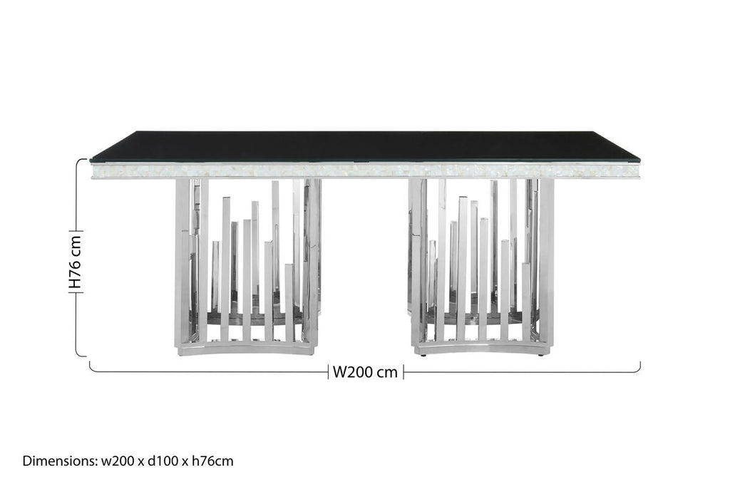 Rectangular Black Tempered Glass Top Dining Table with Silver Steel Frame | Eliza