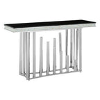 Rectangular Black Tempered Glass Top Console Table with Silver Steel Frame | Eliza