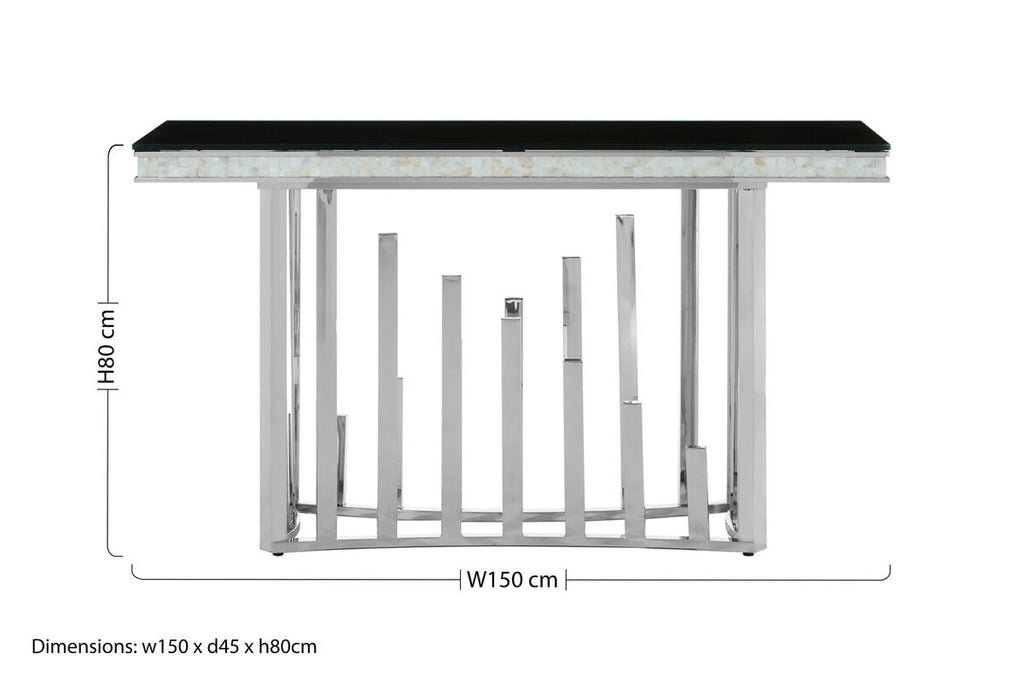 Rectangular Black Tempered Glass Top Console Table with Silver Steel Frame | Eliza
