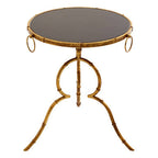 Black Tempered Glass Top Accent Table with Arabesque Quatrefoil Gold Metal Frame | Monroe