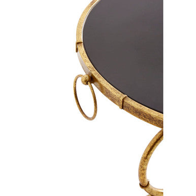 Black Tempered Glass Top Accent Table with Arabesque Quatrefoil Gold Metal Frame | Monroe