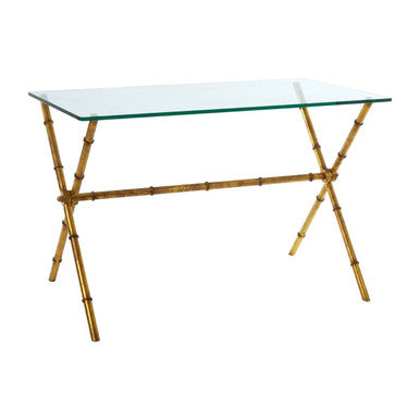 Gold Tempered Glass Console Table with Bamboo-Style Steel Frame | Monroe