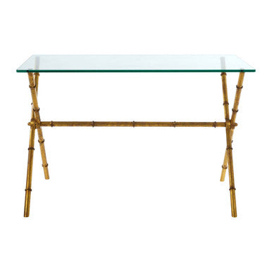 Gold Tempered Glass Console Table with Bamboo-Style Steel Frame | Monroe