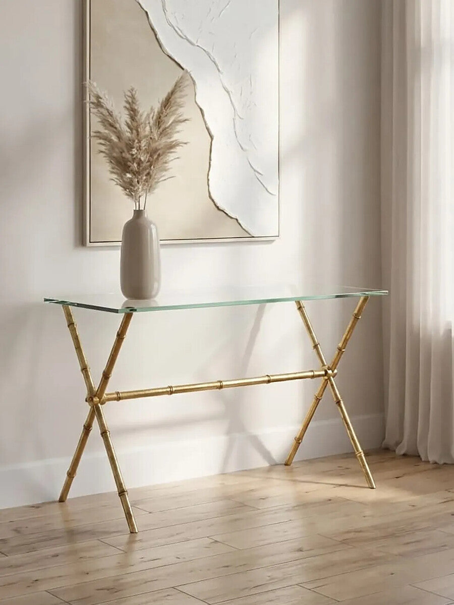 Gold Tempered Glass Console Table with Bamboo-Style Steel Frame | Monroe