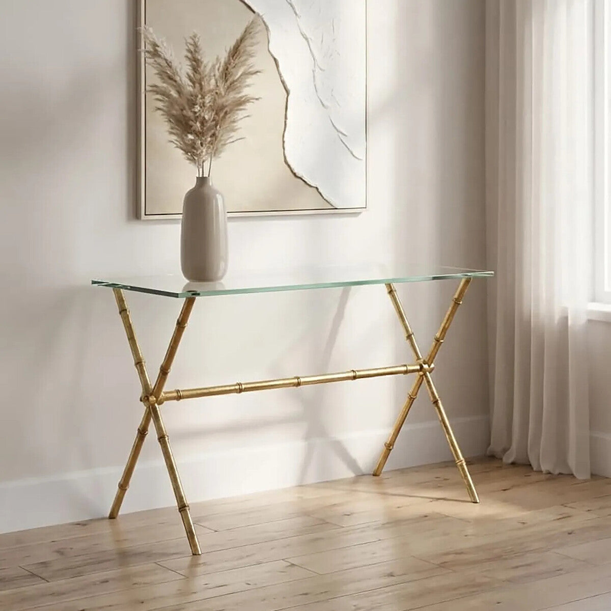 Gold Tempered Glass Console Table with Bamboo-Style Steel Frame | Monroe