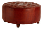 Round Button Tufted Antique Brown Leather Large Stool | Inca