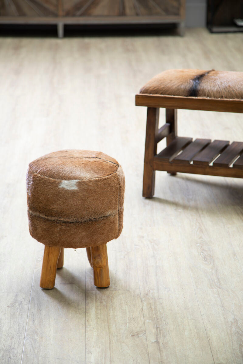 Inca Brown Goat Hide Hair on Leather  Round Stool