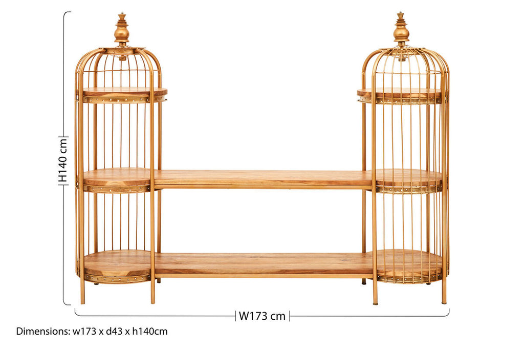 Long Gold Finish Birdcage Shelf Unit | Mantis