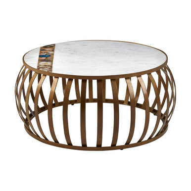 Semi-Precious Agate and White Marble Top Round Coffee Table with Brass Finish Iron Base, Vizzini